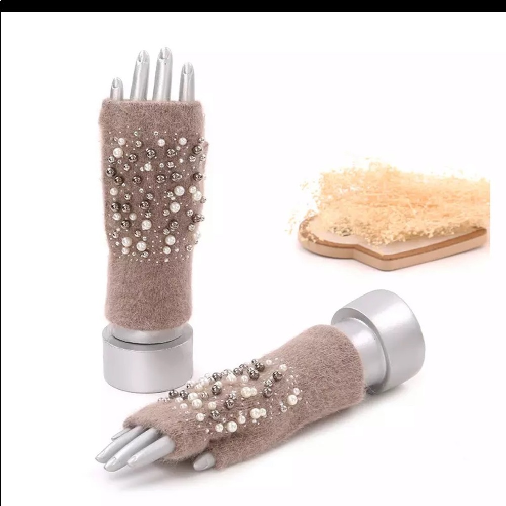 Fingerless Gloves RHINESTONE JEWELRY PEARL FAUX FUR WARM HOLIDAY GIFT